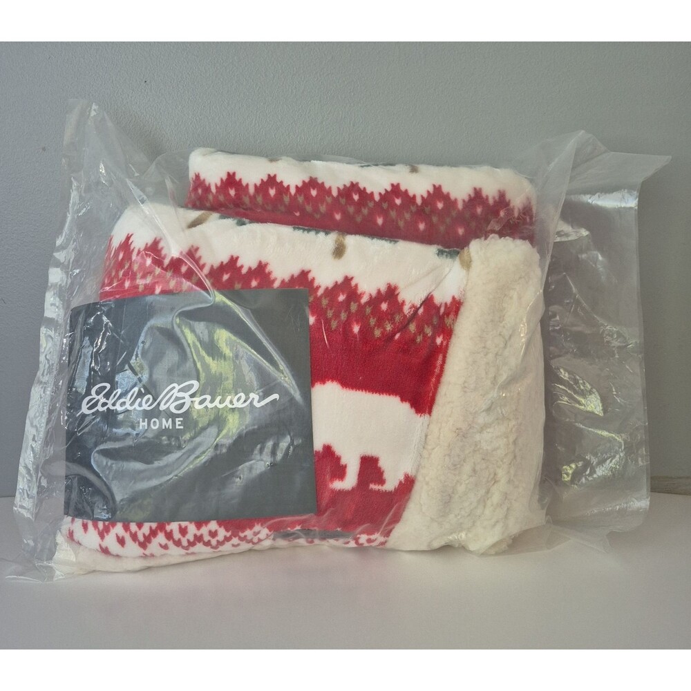 Eddie Bauer Grizzly Peak Fair Isle Trees Bears Sherpa Throw Blanket 50 x 60 IN